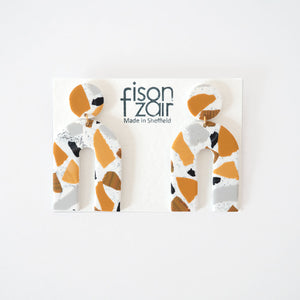 Large statement Terrazzo Arch Earrings in Mustard, black and white by Fison Zair