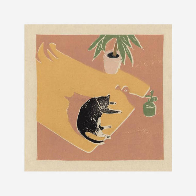 Harris the cat sunbathing on a rug next to a plant, a print by Luiza Holub