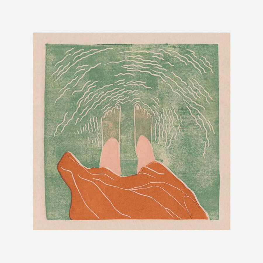 Birds eye view of feet paddling in shallow water, a print by Luiza Holub