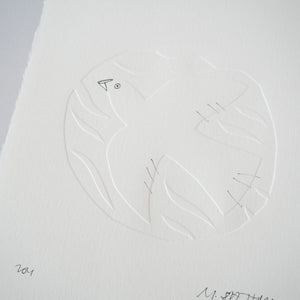 Detail on an embossed and hand drawn illustration of a bird by printmaker Meg Fatharly