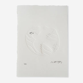 An embossed and hand drawn illustration of a bird by printmaker Meg Fatharly